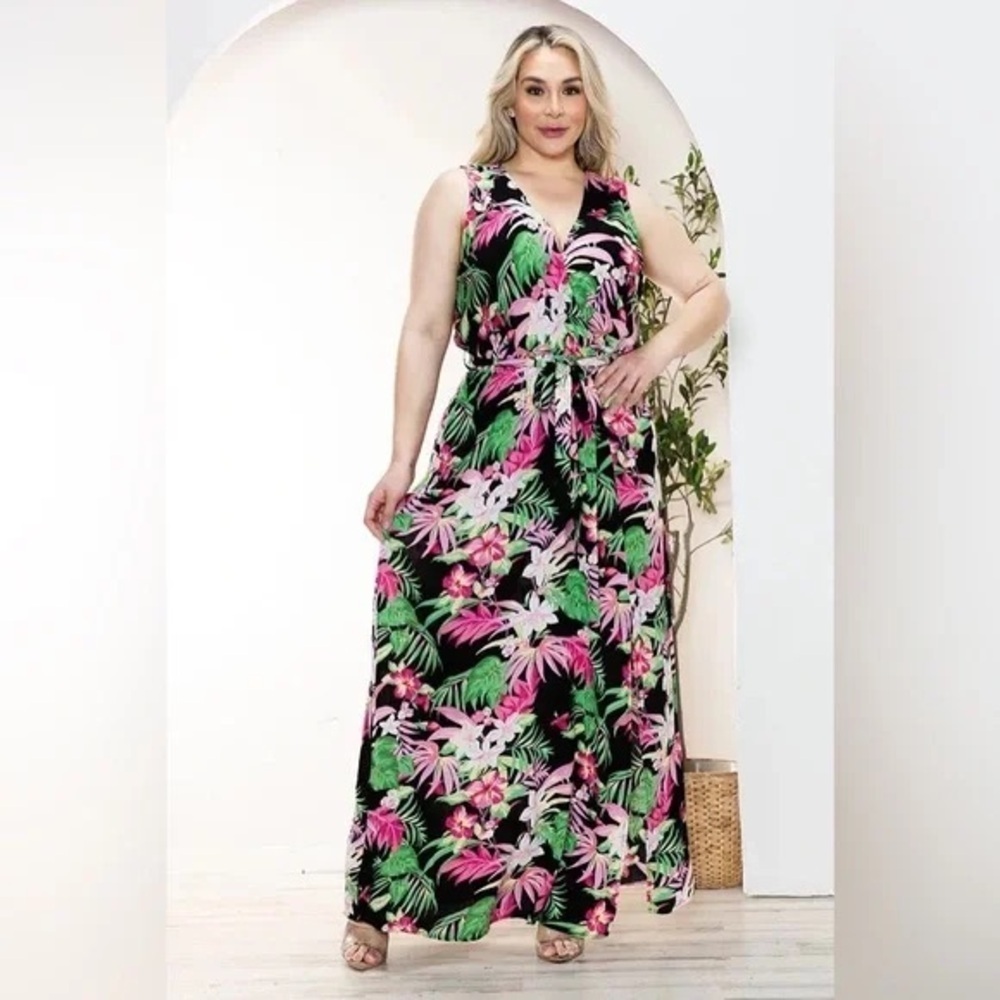 ZENOBIA | Boho Plus Size Floral Wrap Belted Front Slit Maxi Dress
